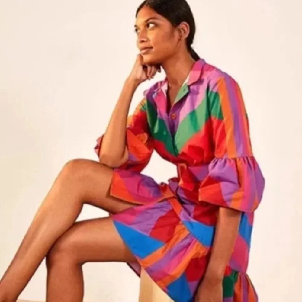 NWOT FARM RIO Amanda Stripes Mini Ruffle ButtonFront Multi-Colored Dress XS $200
